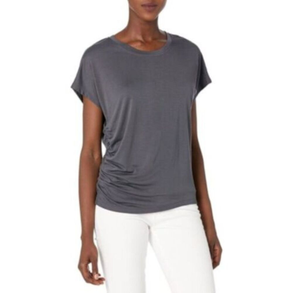 B NEW YORK Womens Gray Stretch Ruched Pullover Short Sleeve Crew Neck Top XS